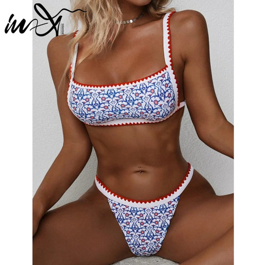 Printed Bandeau swimsuit Patchwork 2 pieces set High cut swimwear Sports bathing suit bikini set The Clothing Company Sydney