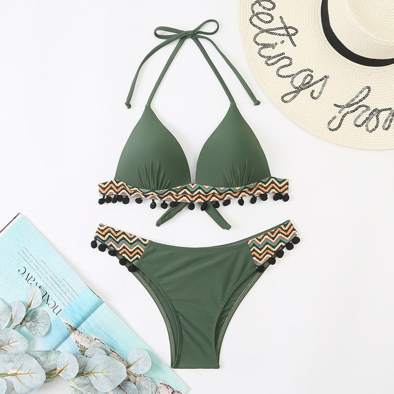 Black leopard print bikini set with tassel details, push-up design, and Brazilian style for summer beachwear from The Clothing Company Sydney