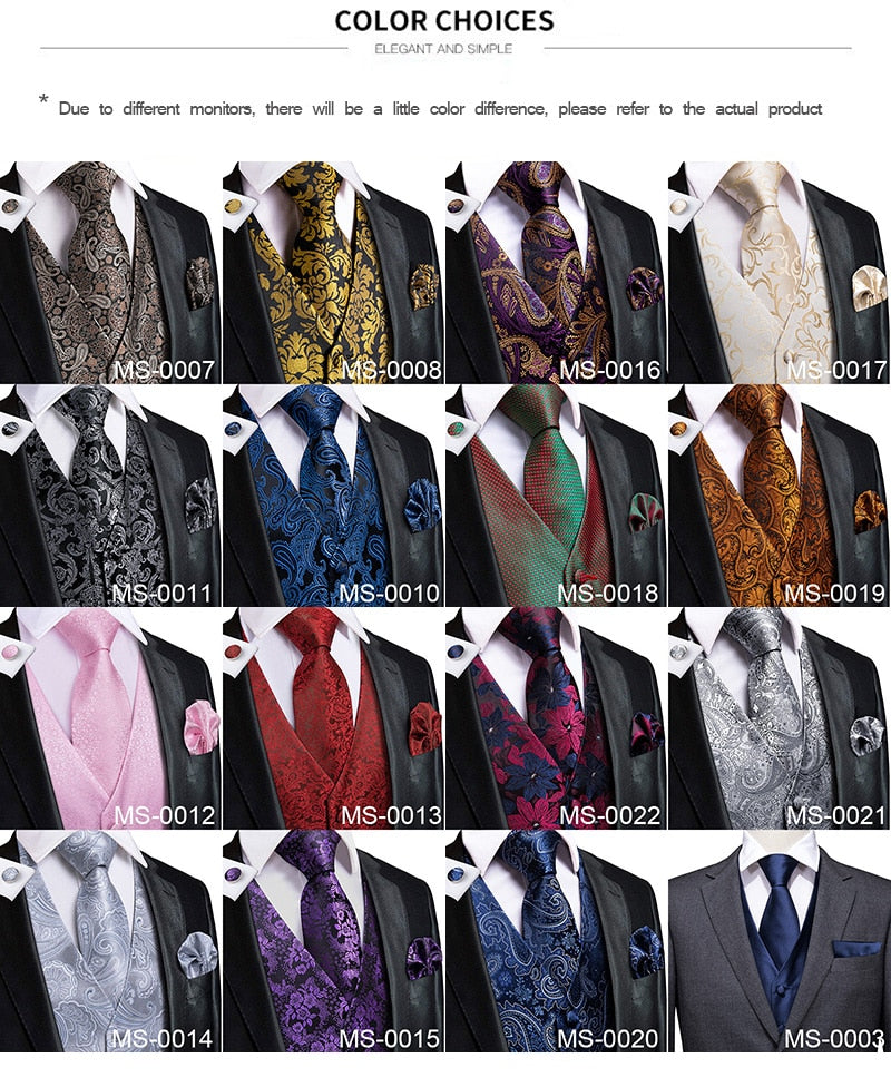 Luxury men's silk vest and tie set featuring paisley floral and plaid patterns in blue, gold, red, and silver for wedding or formal wear