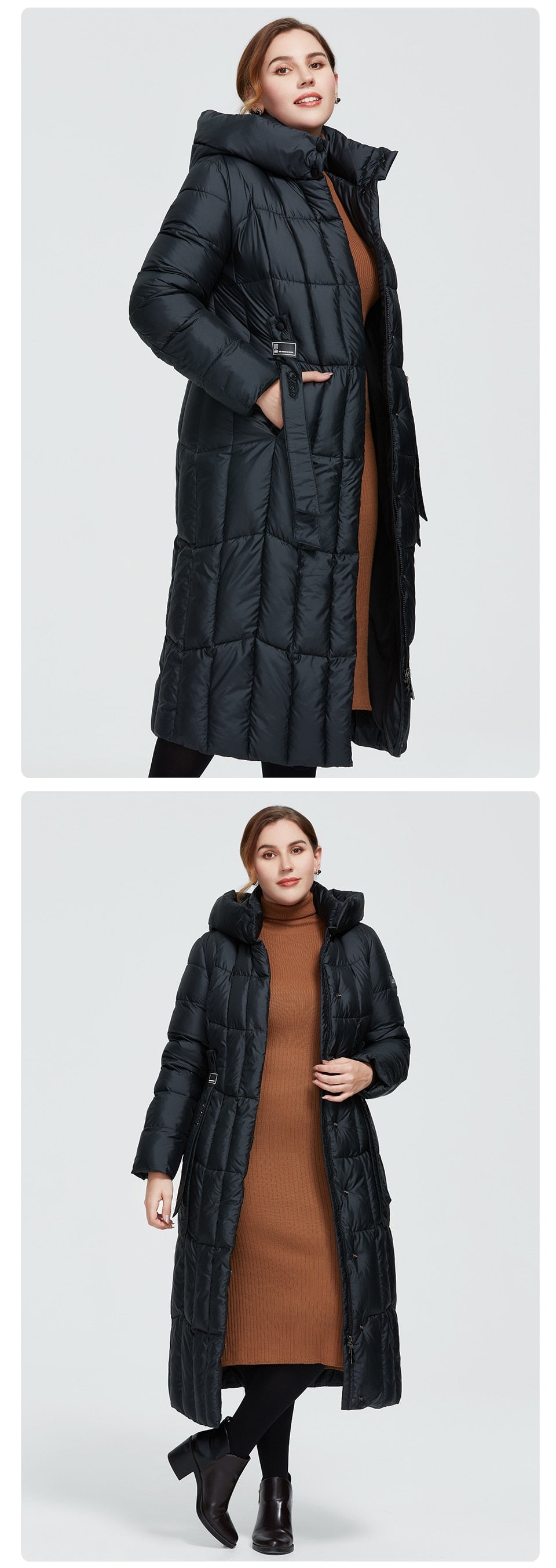 Warm women's winter parka with hood, plaid pattern, long style, thick insulation, large sizes, from The Clothing Company Sydney.
