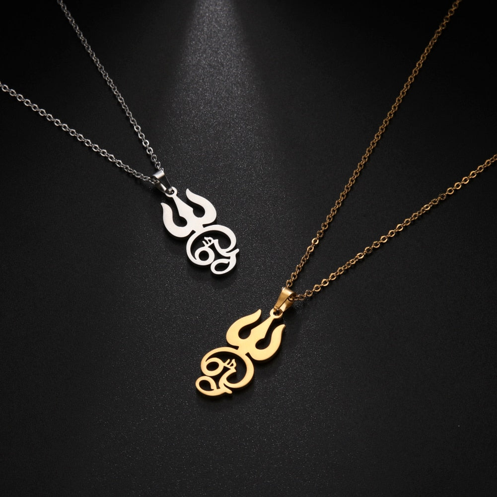 Stainless steel Tamil Om Aum symbol pendant with trident on chain, vintage yoga jewelry, featuring Om Shiva design.