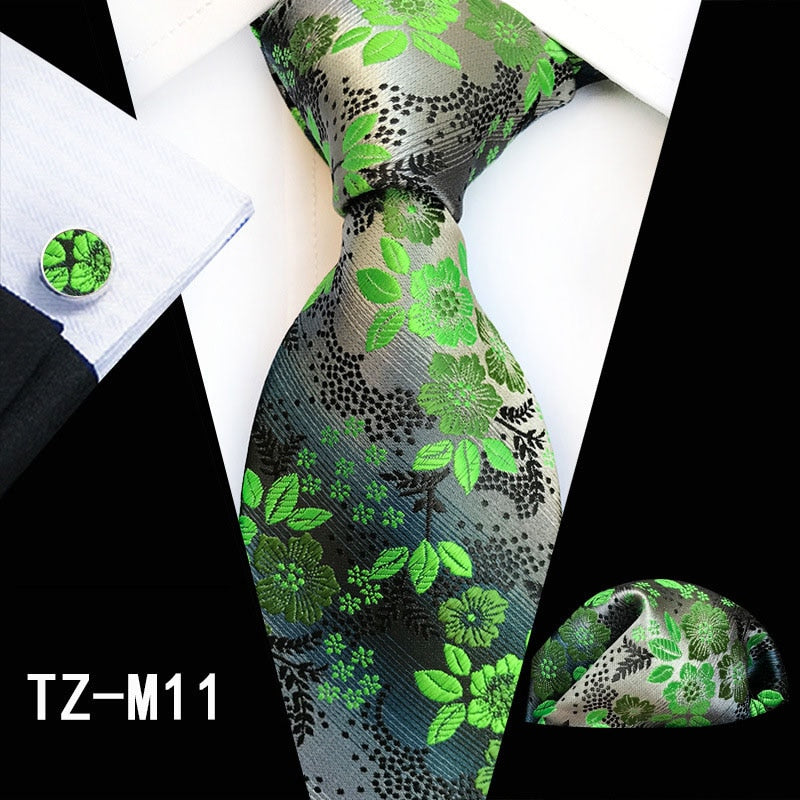 Red and green floral silk tie set with matching handkerchief, cufflinks, and necktie from The Clothing Company Sydney accessories collection.