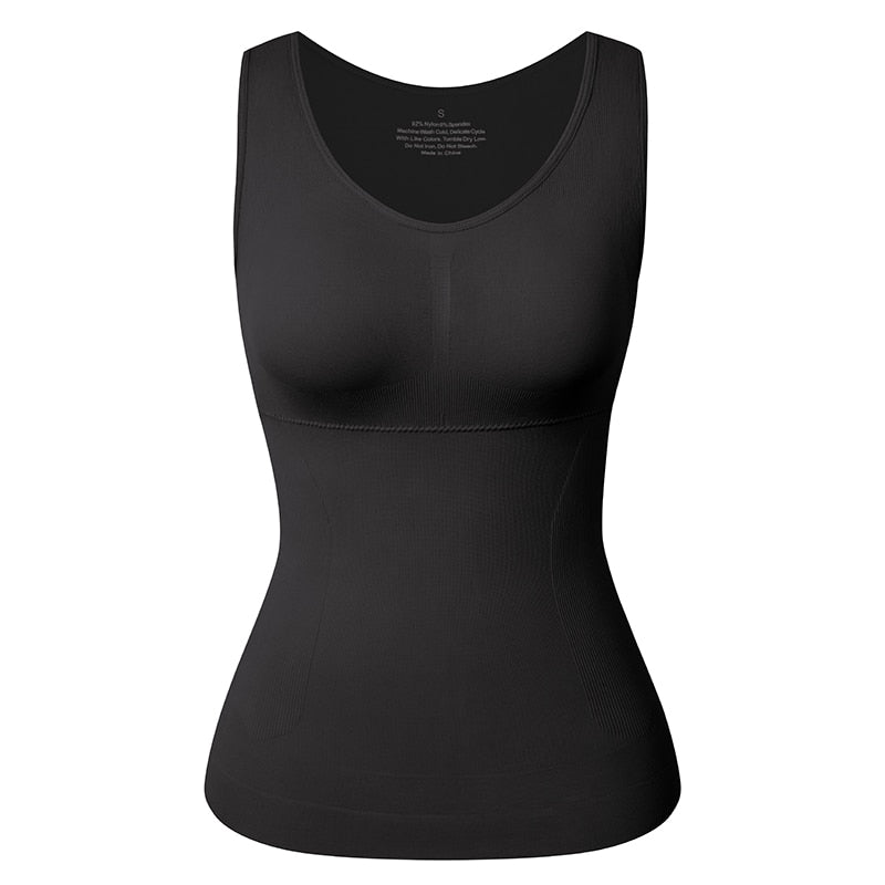 Black tank top shapewear with built-in bra and wide straps, casual sleeveless camisole from The Clothing Company Sydney.