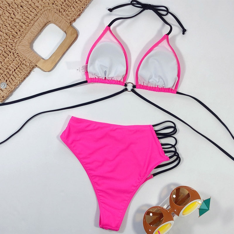 High waist bikini swimsuit by The Clothing Company Sydney featuring a bandeau top and Brazilian thong style swimwear.