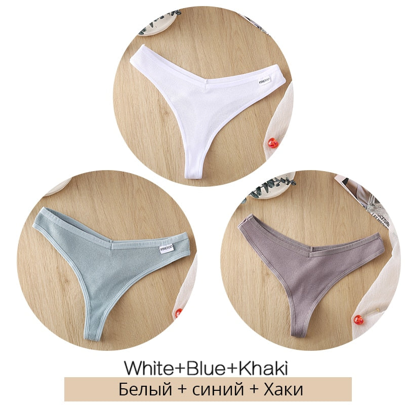 Three pairs of women's cotton mix thong panties with low waist G-strings from The Clothing Company Sydney, breathable Brazilian lingerie.