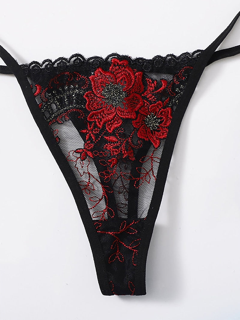 Women's floral embroidery lingerie set with lace, underwire push-up bra, and matching underwear from The Clothing Company Sydney.