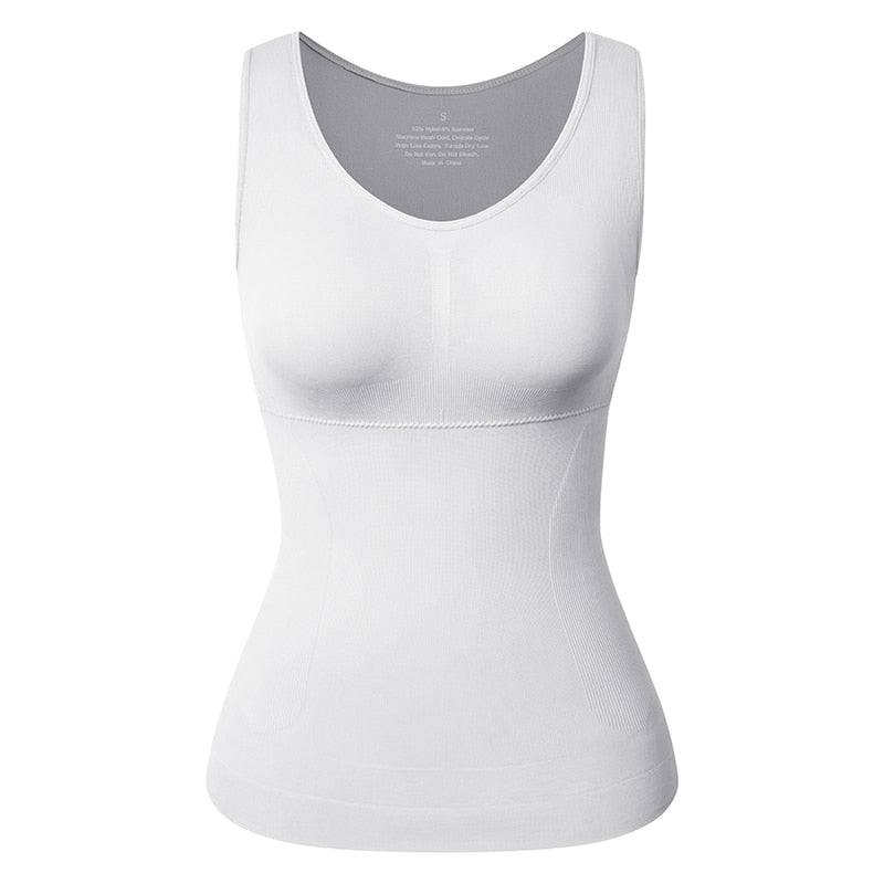 Shapewear tank top with built-in shelf bra, wide straps, sleeveless design, from The Clothing Company Sydney.