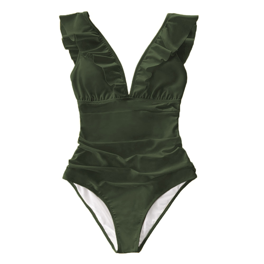 Solid black ruffled one-piece swimsuit with lace-up detail from The Clothing Company Sydney, perfect for beach and poolside wear.