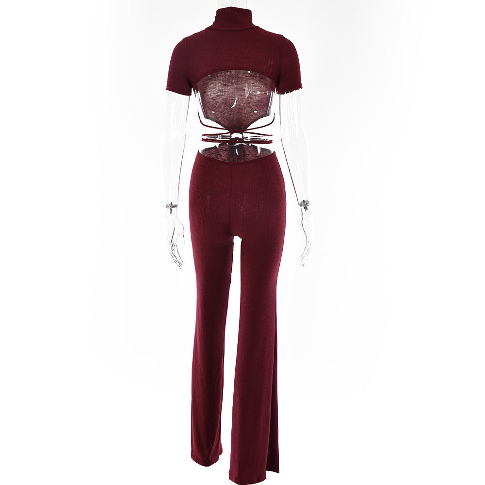Cotton backless bandage jumpsuit with cutout details, flare pants, from The Clothing Company Sydney, perfect for club or party outfits.