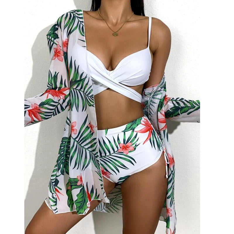 Print floral 3-piece swimsuit set by The Clothing Company Sydney, featuring a push-up bikini, beachwear, and bathing suit.