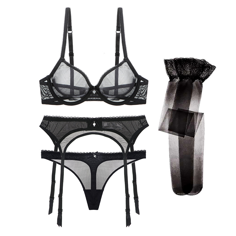 Ultra-thin transparent yarn lingerie set by The Clothing Company Sydney featuring bras, garters, thongs, and stockings.