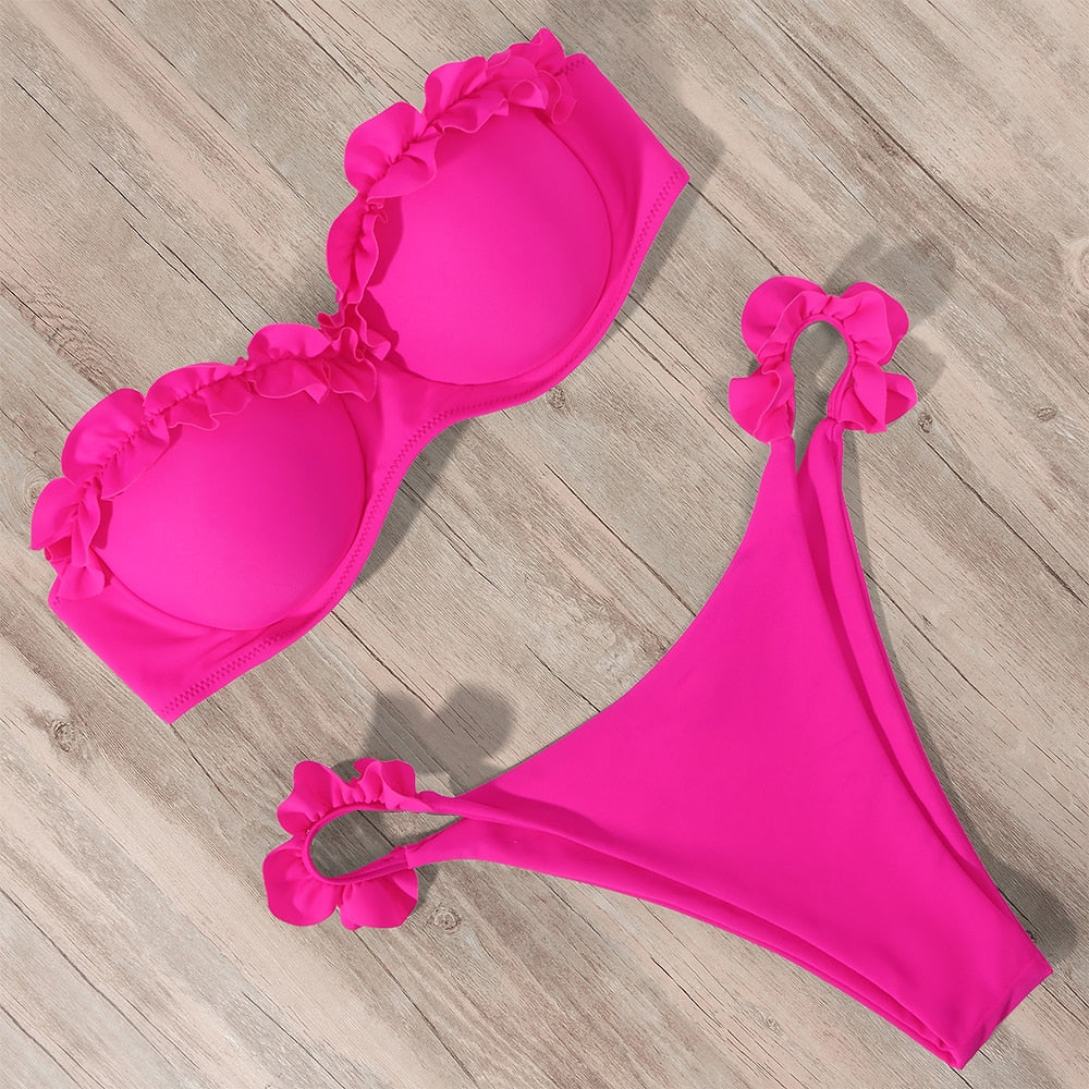 Brazilian leopard print bandeau bikini set for women with ruffle details and push-up design, from The Clothing Company Sydney.