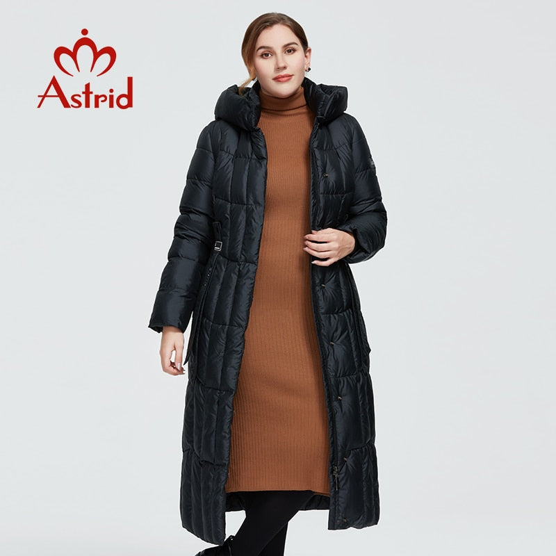 Long women's winter parka jacket with hood, plaid pattern, thick warm coat, large sizes, from The Clothing Company Sydney.