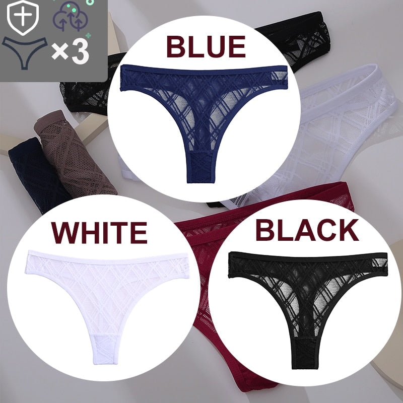 Three floral transparent thong lingerie G-string panties with lace and mesh, low-waist briefs, by The Clothing Company Sydney.