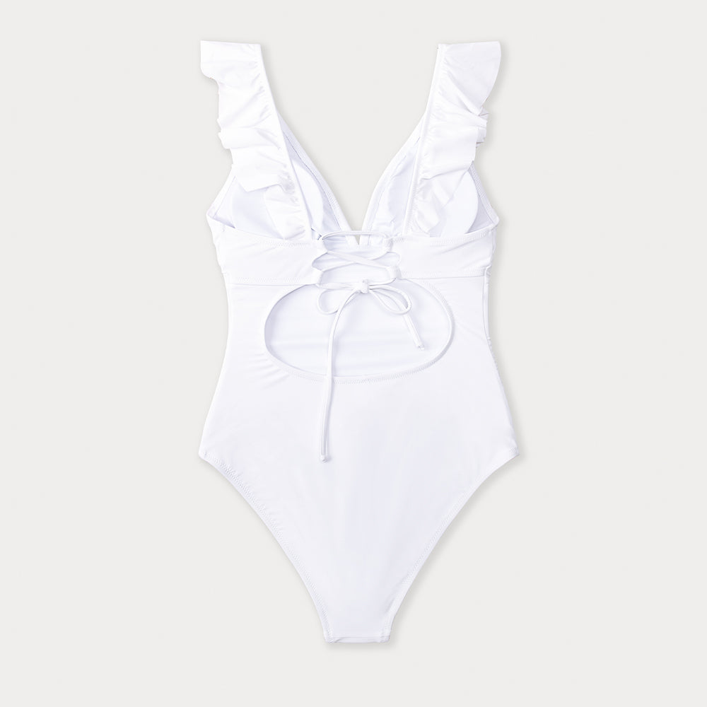 Solid black ruffled one-piece swimsuit with lace-up front, designed by The Clothing Company Sydney, perfect for beach or pool.