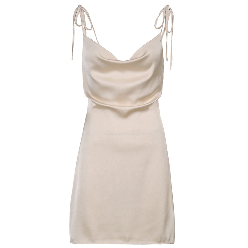 Backless satin sleeveless mini sundress with strappy details from The Clothing Company Sydney, perfect for casual summer wear.