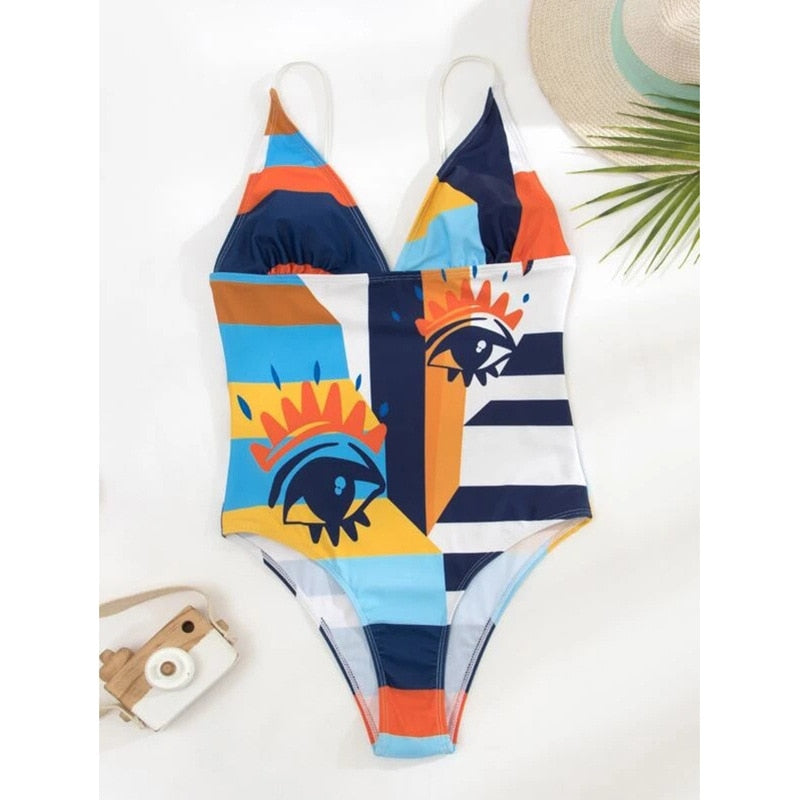 Blue print one-piece swimsuit by The Clothing Company Sydney, featuring a vintage floral design and push-up style for women.