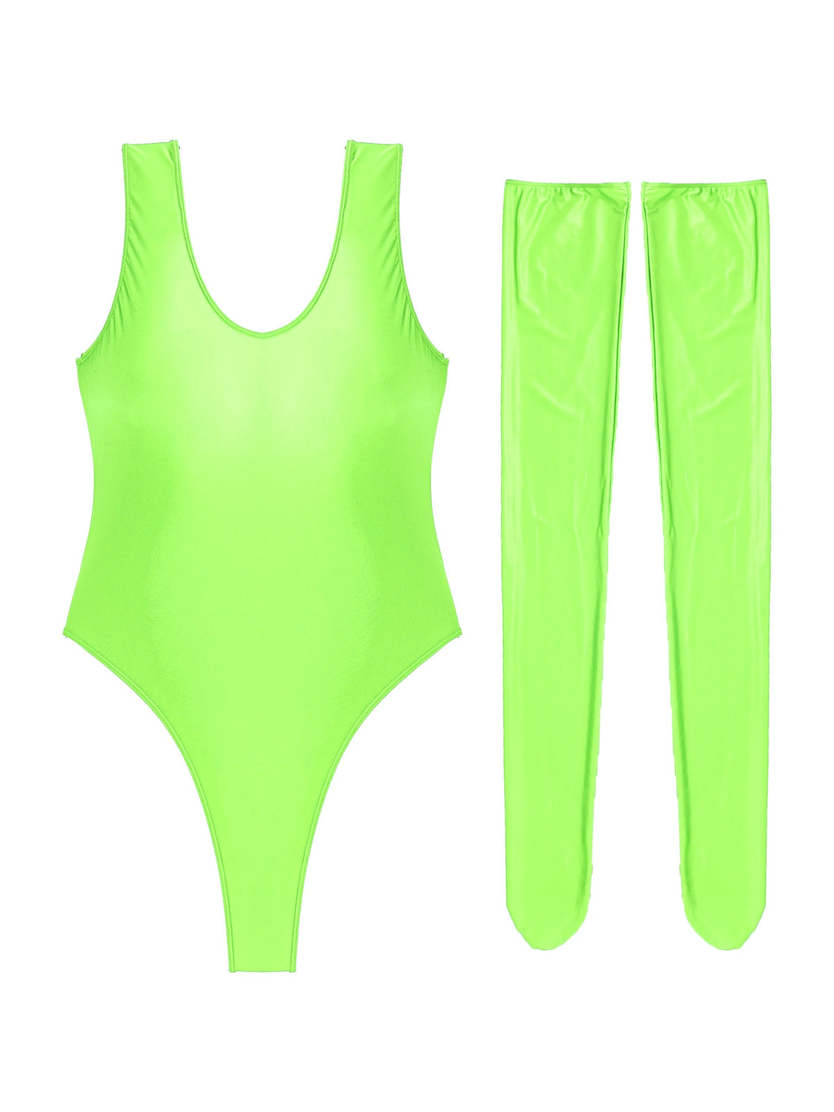 Women's glossy stretchy swimsuit by The Clothing Company Sydney featuring high-cut, sleeveless design and slim fit bodysuit style.