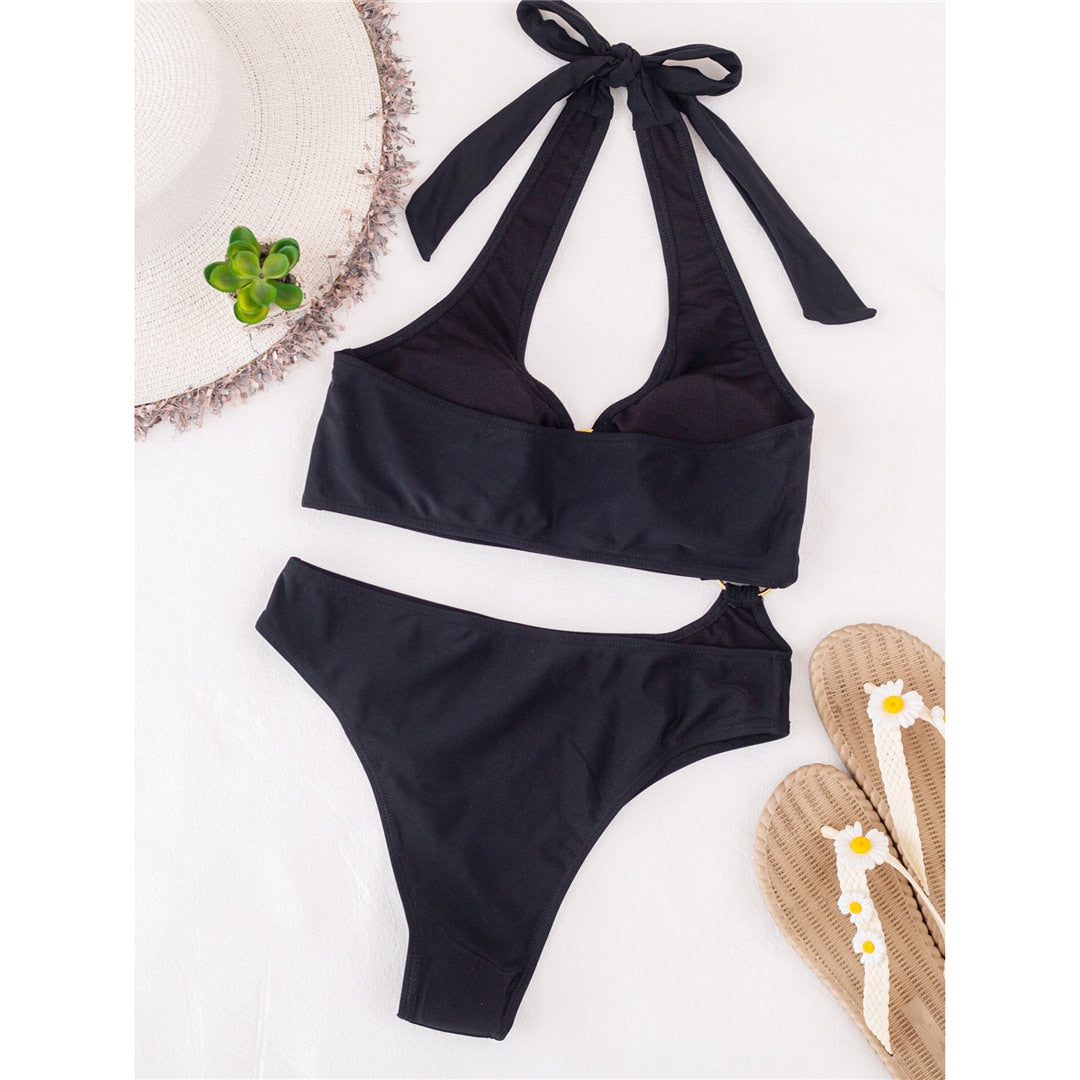 Women’s halter asymmetric one-shoulder one-piece swimsuit by The Clothing Company Sydney, featuring stylish design and comfortable fit.
