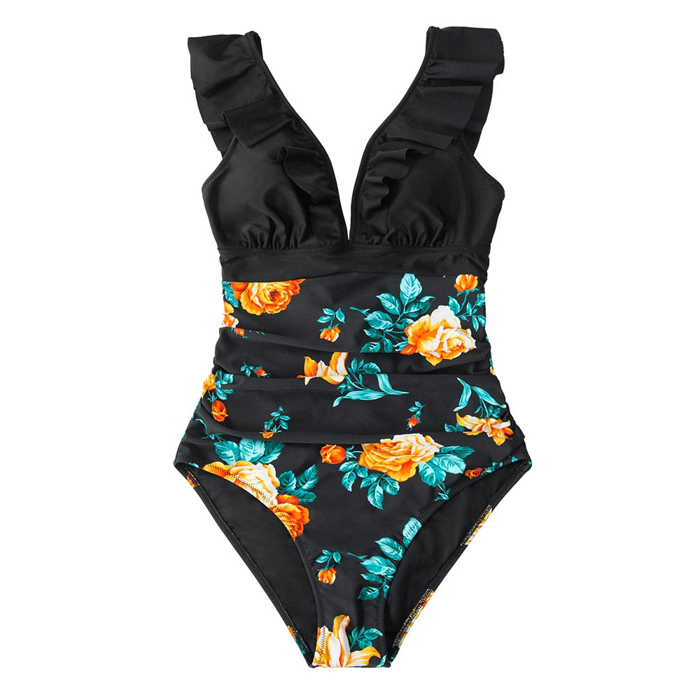 Solid black ruffled one-piece swimsuit with lace-up front from The Clothing Company Sydney, perfect for beach and swimming.