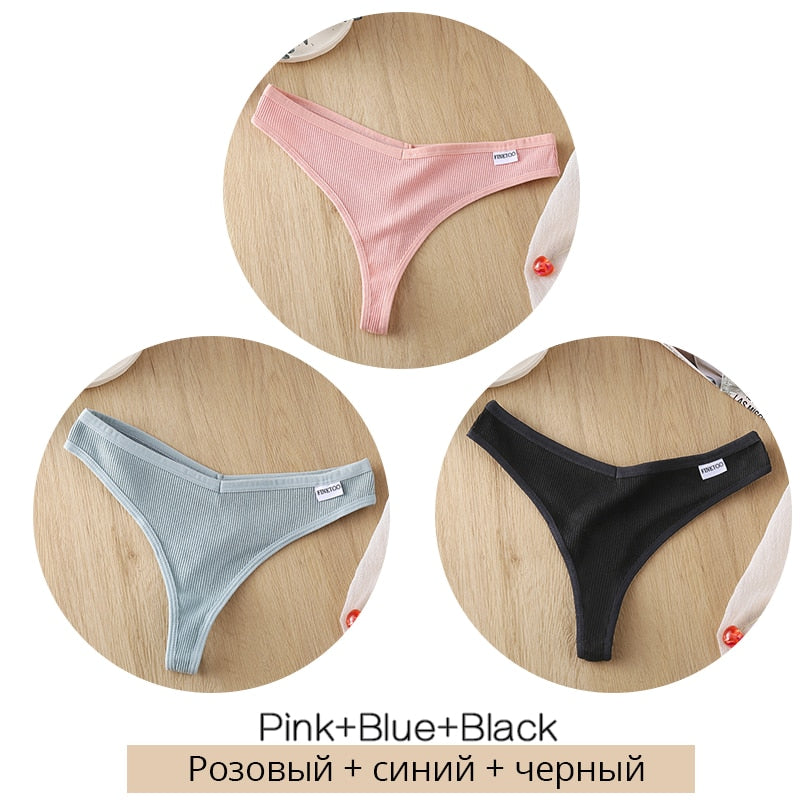 Three pairs of women's cotton mix low waist G-string thongs from The Clothing Company Sydney, breathable Brazilian lingerie briefs.