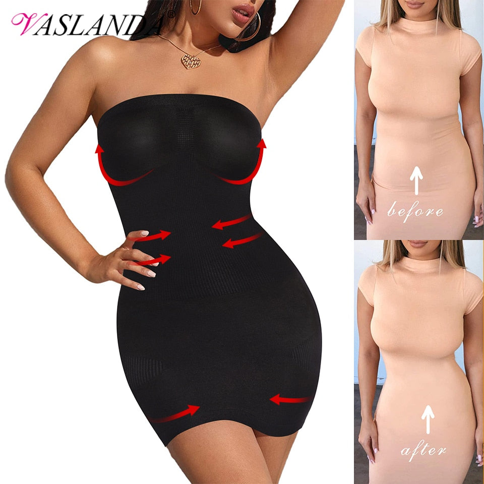 Women’s strapless shapewear slip from The Clothing Company Sydney, seamless full-body tummy control shaper under dress.