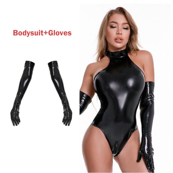 Glossy black PU leather lingerie bodysuit with zip front, paired with matching gloves and socks, featuring a wet look latex finish.