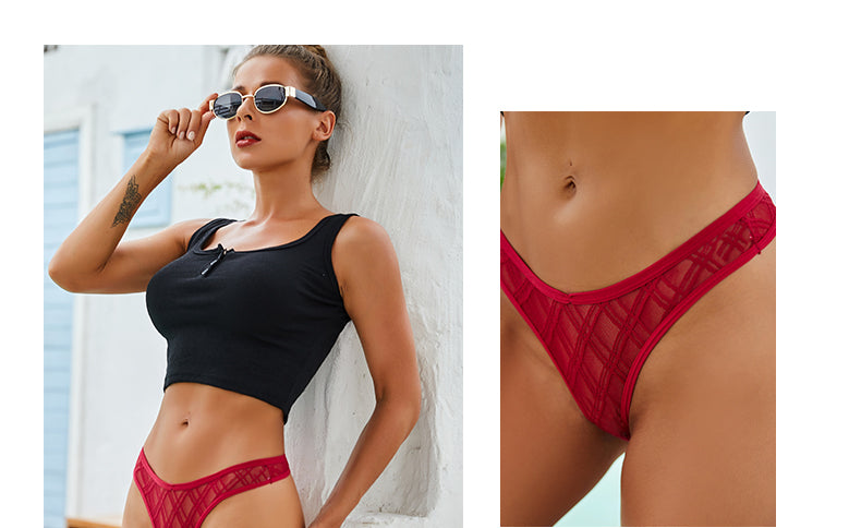 Three floral transparent G-string lingerie thongs with lace and mesh details, low-waist briefs from The Clothing Company Sydney