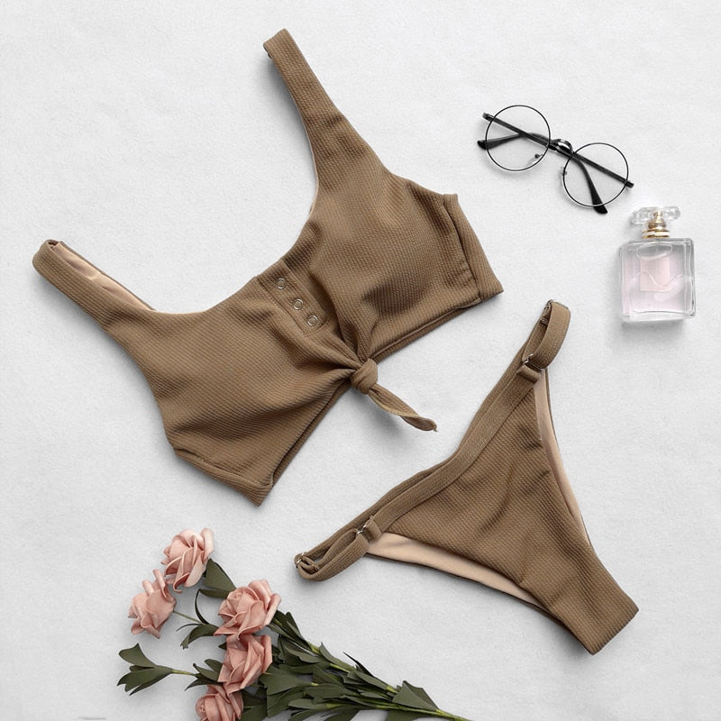 Brazilian bikini push-up padded swimsuit by The Clothing Company Sydney featuring a two-piece design and vibrant swimwear fabric.