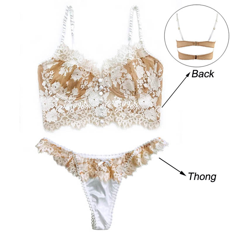 Ultra thin lace lingerie set with bralette and matching panties, French eyelash design, by The Clothing Company Sydney.