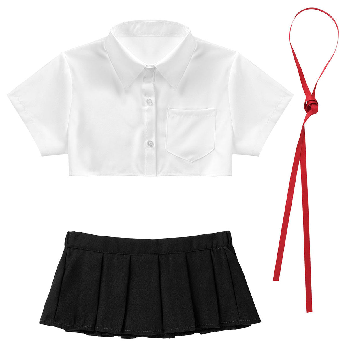 Adult school uniform cheerleading cosplay costume with collar crop top, ribbon, and pleated mini skirt by The Clothing Company Sydney.