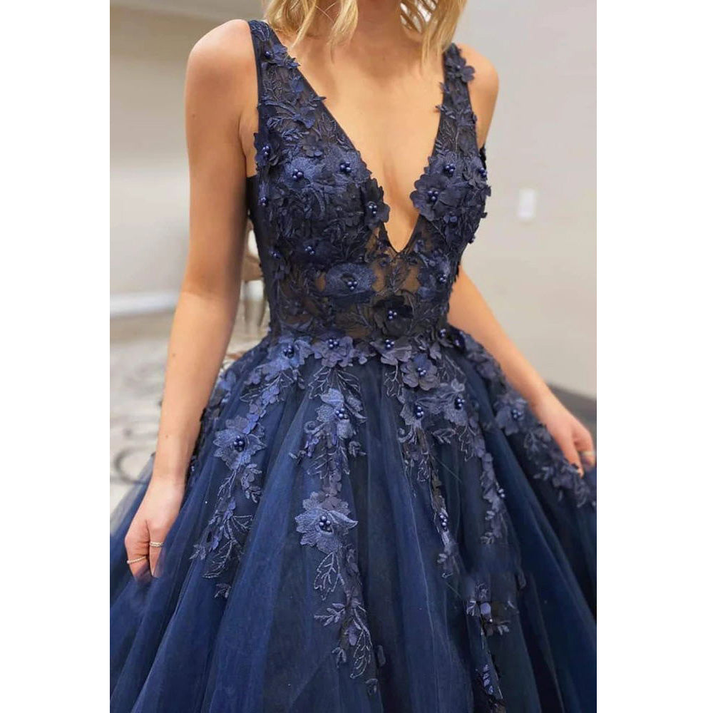 Sleeveless navy blue long prom dress with lace bodice, A-line silhouette, perfect for evening, cocktail, or formal parties.
