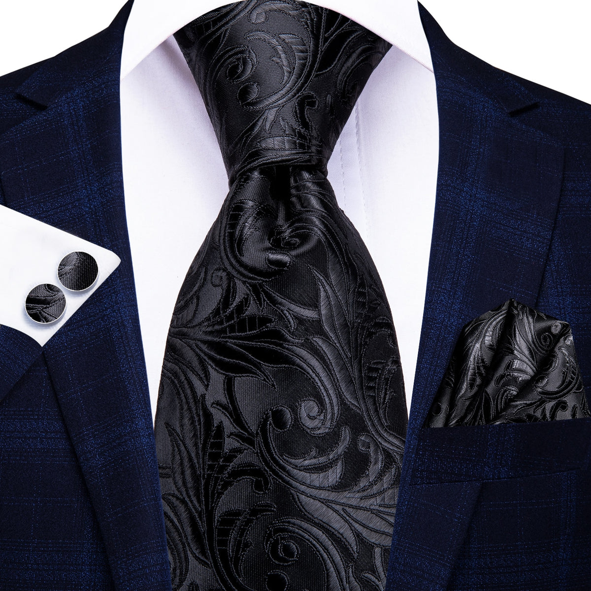 Three men's accessories including a 100% silk paisley tie, pocket square, and cufflinks for formal or wedding attire.