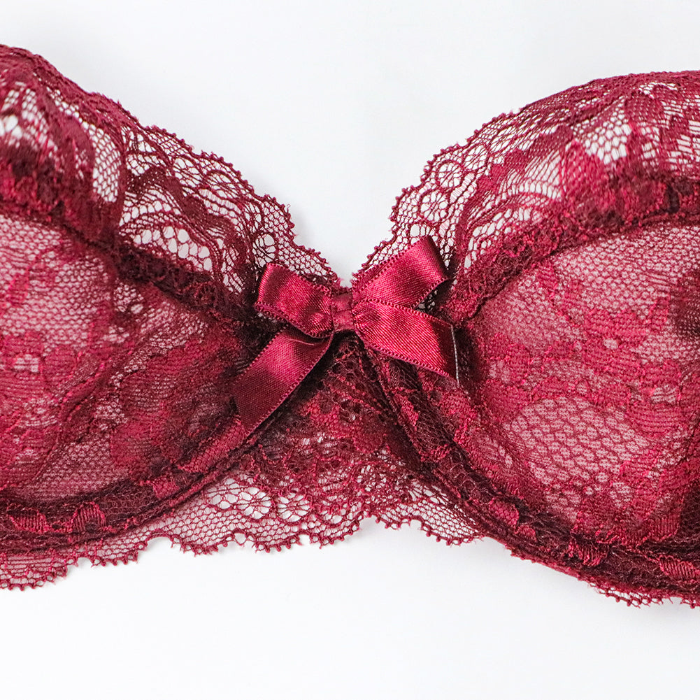 Plus size floral lace lingerie set with bowknot details, includes bra, panties, and garter from The Clothing Company Sydney.