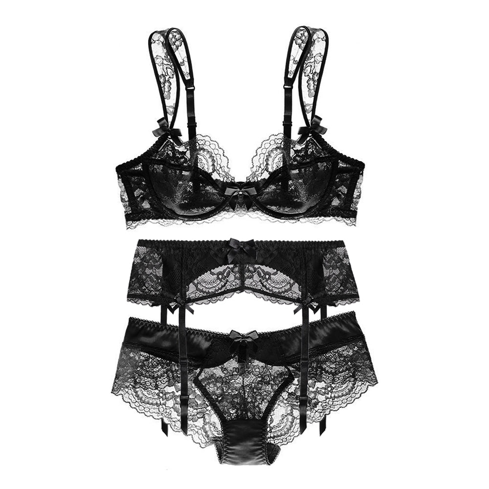 Ultra-thin gathered plus size floral lace lingerie set with bowknot detail, includes bra, panties, and garter from The Clothing Company Sydney.