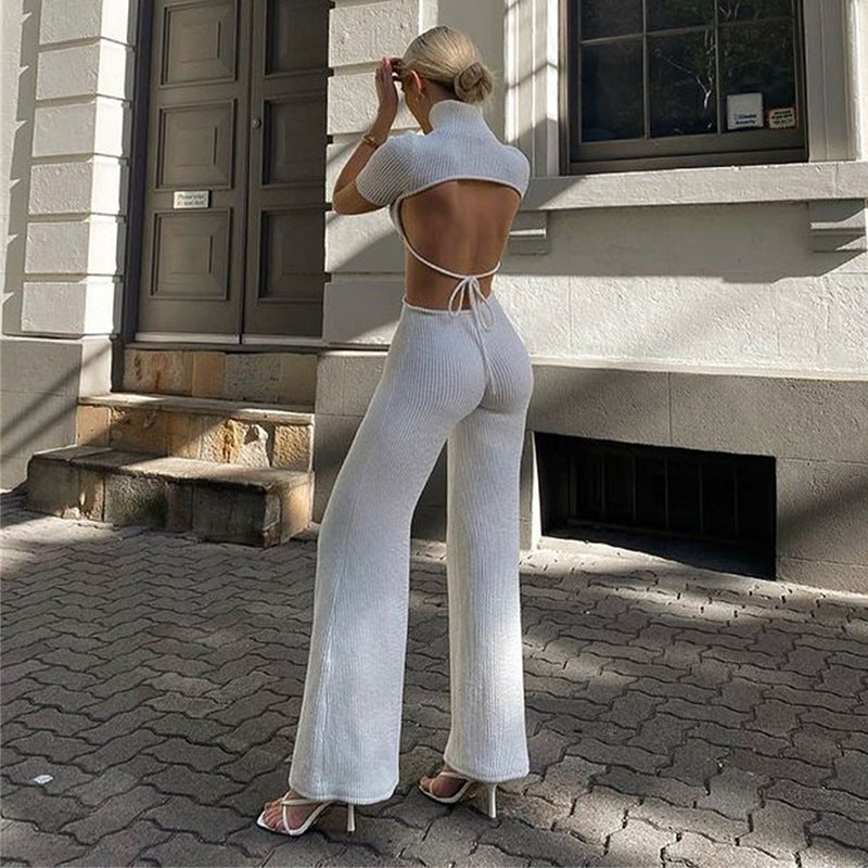 Cotton backless bandage jumpsuit with cutout details, flare pants, and rompers style, by The Clothing Company Sydney.