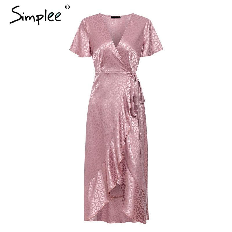 Leopard print party dress by The Clothing Company Sydney featuring V-neck, short sleeves, wrap style, ruffles, and a split lace belt.