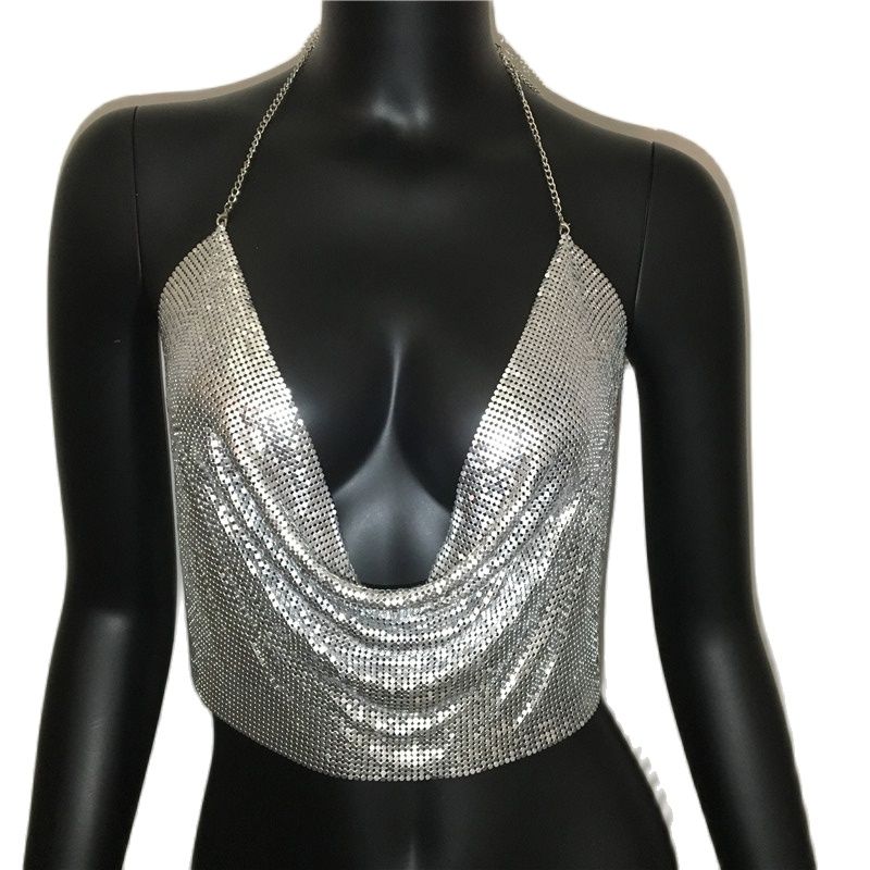Shimmering gold and silver metal sequined backless tank top by The Clothing Company Sydney, perfect for summer beach club wear