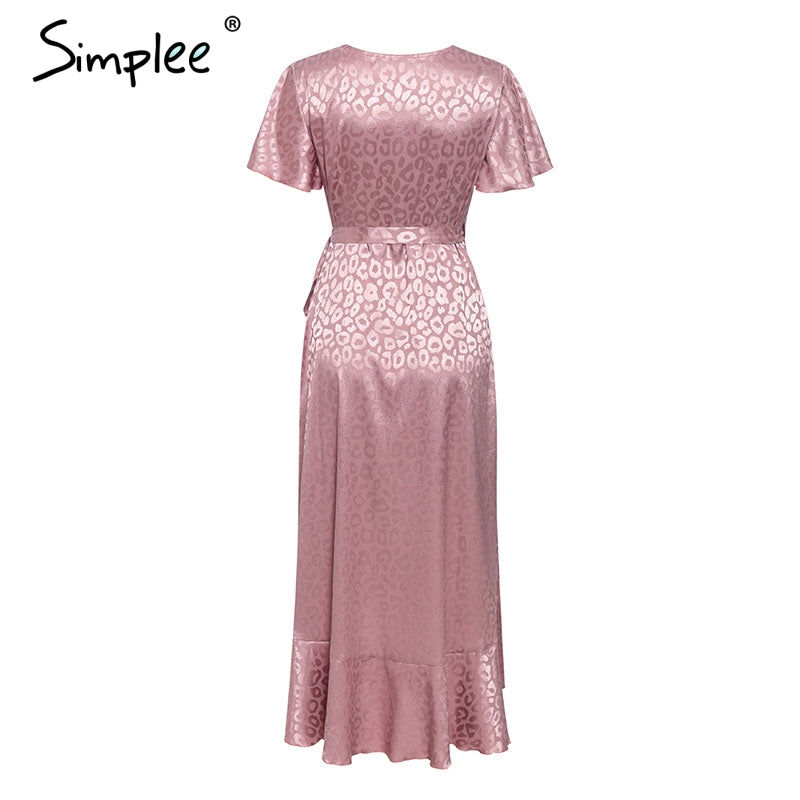Leopard print party dress with V-neck, short sleeves, wrap design, ruffled belt, and split lace details by The Clothing Company Sydney