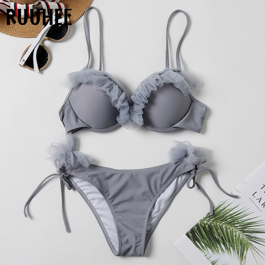 Two-piece leopard print bandeau bikini swimwear for women with ruffle details and push-up design, from The Clothing Company Sydney.