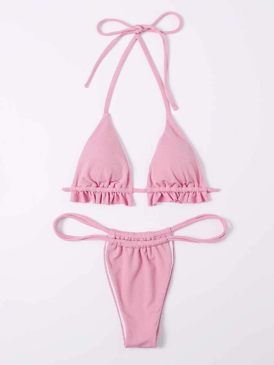 Ruffle swimsuit thong G-string micro bikinis set by The Clothing Company Sydney, featuring halter swimwear for women.