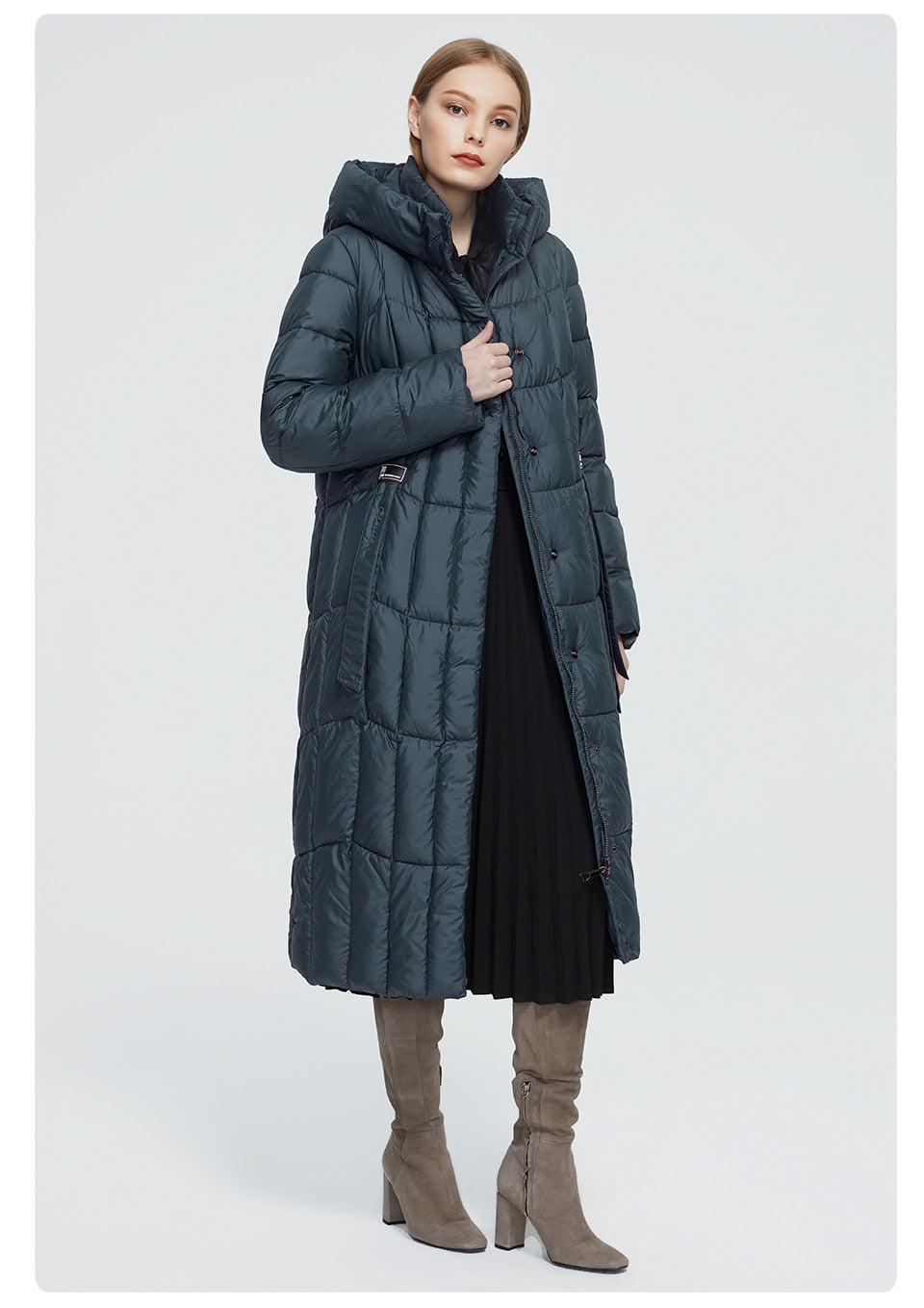 Long women's winter plaid parka jacket with hood, warm thick coat, large sizes, by The Clothing Company Sydney.