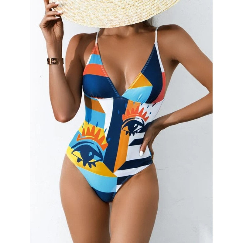 Blue vintage print one-piece swimsuit by The Clothing Company Sydney, featuring a push-up design and floral pattern for women.