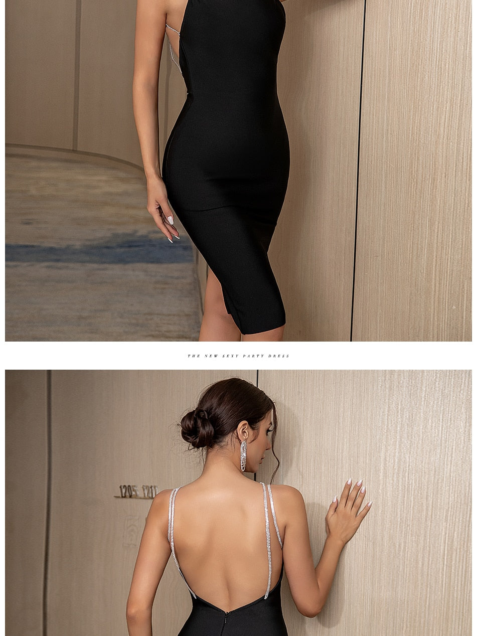 Backless summer spaghetti strap bandage dress by The Clothing Company Sydney, featuring diamond accents, perfect for evening and party wear.