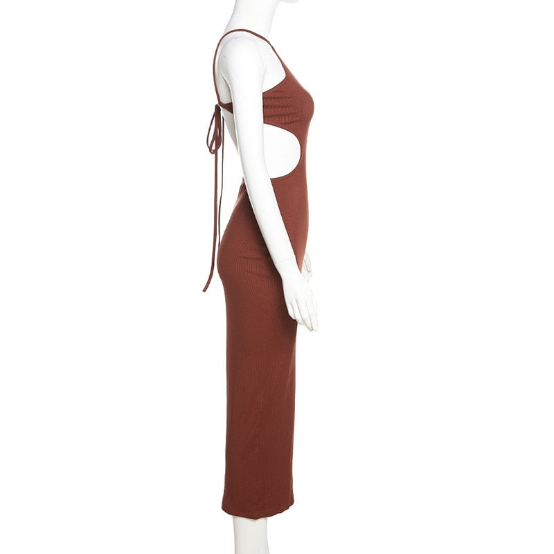 Elegant sleeveless summer halter maxi dress by The Clothing Company Sydney, featuring backless design and stylish cutout details.