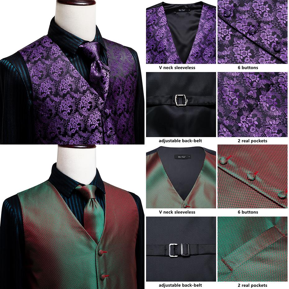 Four-piece men's vest set by The Clothing Company Sydney featuring luxury paisley, floral, plaid silk vest and matching tie in blue, gold, red, silver