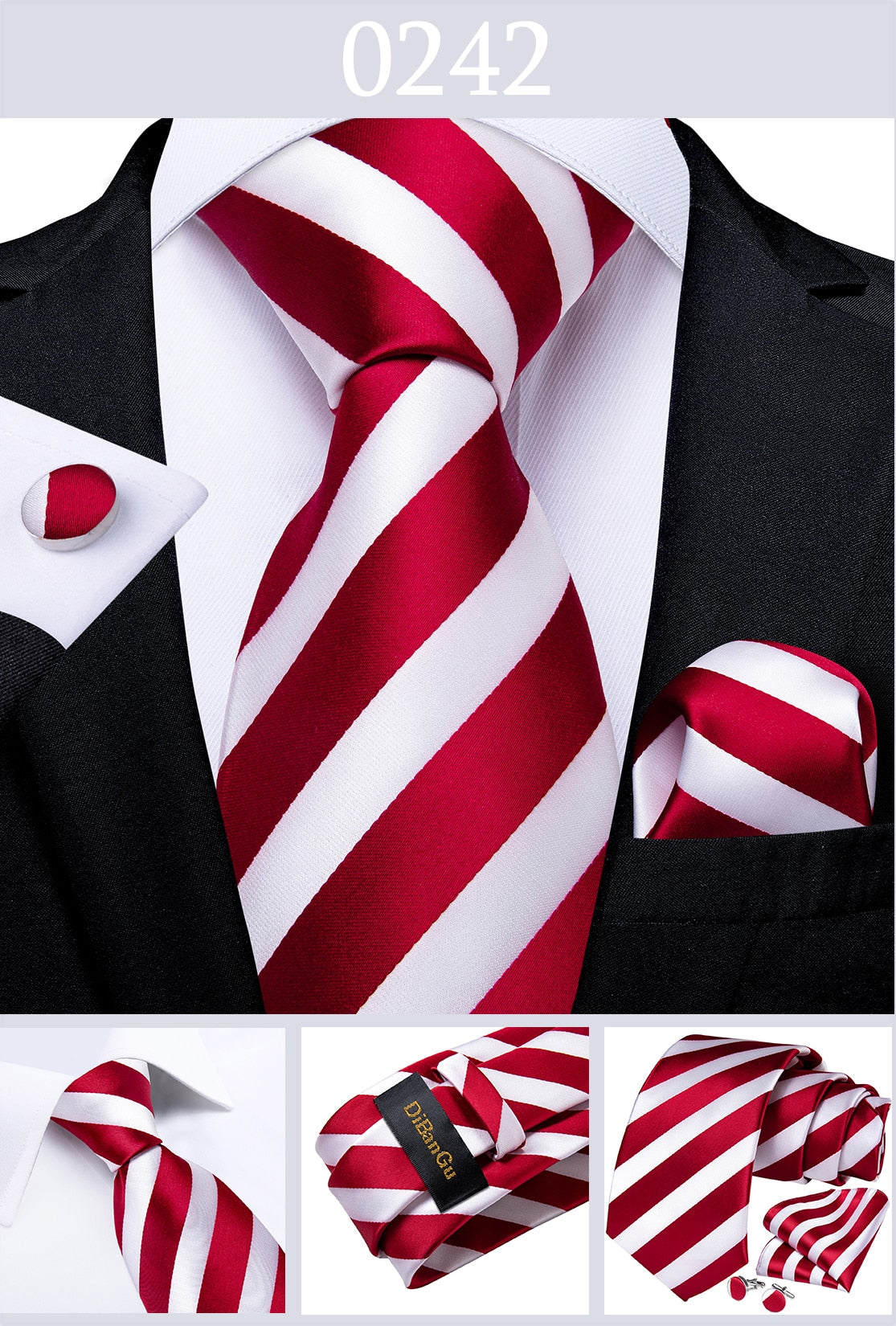 Red designer men's tie with solid, striped, and paisley patterns, included with matching pocket square and cufflinks set.