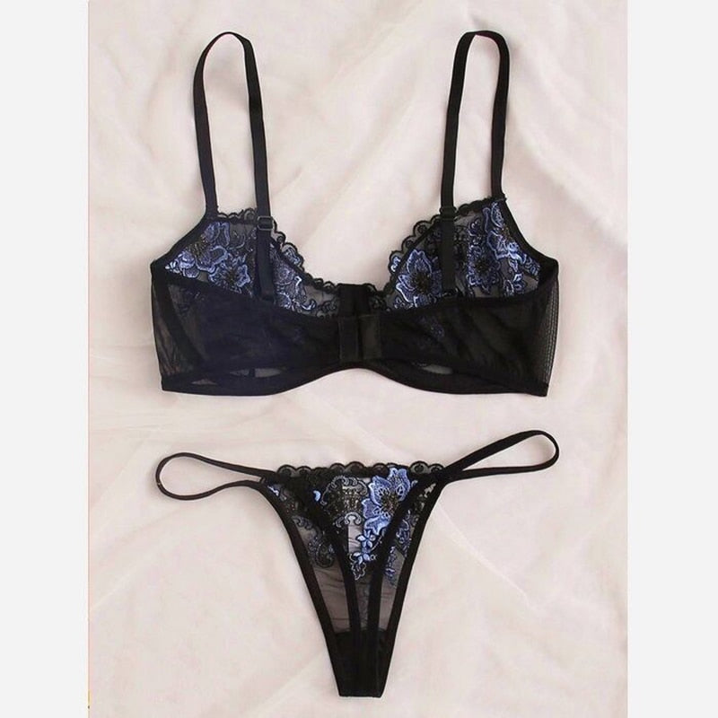 Floral embroidery lingerie set with lace, underwire push-up bra and matching underwear from The Clothing Company Sydney.