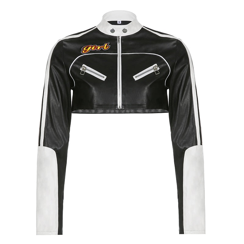 Punk style patchwork cropped PU leather jacket for women with zipper, contrast colors, perfect for autumn and winter fashion.