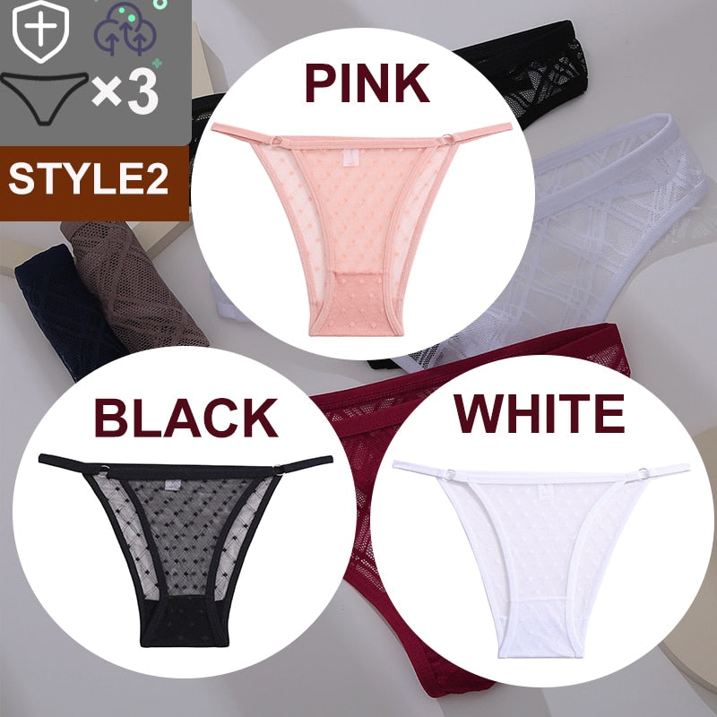 Three-pack floral transparent thong lingerie by The Clothing Company Sydney featuring lace, mesh, low-waist briefs, and G-string design.